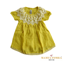 Load image into Gallery viewer, Customized Linen Lime yellow Puffed Sleeves and a Round Neckline Gown