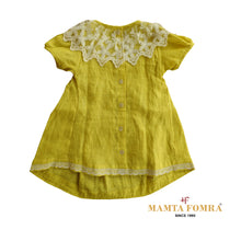 Load image into Gallery viewer, Customized Linen Lime yellow Puffed Sleeves and a Round Neckline Gown