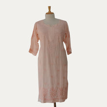 Load image into Gallery viewer, Long yoke peach chicken work muslin kurta