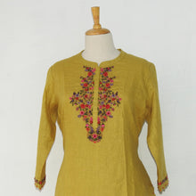 Load image into Gallery viewer, Fenugreek Yellow Linen Kurta with Floral Embroidery.