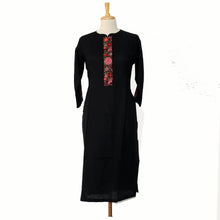 Load image into Gallery viewer, Jet black linen kurta with button panel embroidery.