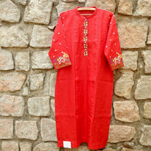 Load image into Gallery viewer, Lady Bug Red Kurta with a Button Patti Panel Embroidery & a Forest Detailed Sleeve (Price on Request)