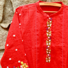 Load image into Gallery viewer, Lady Bug Red Kurta with a Button Patti Panel Embroidery & a Forest Detailed Sleeve (Price on Request)