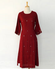Load image into Gallery viewer, Maroon linen dress with mirror work
