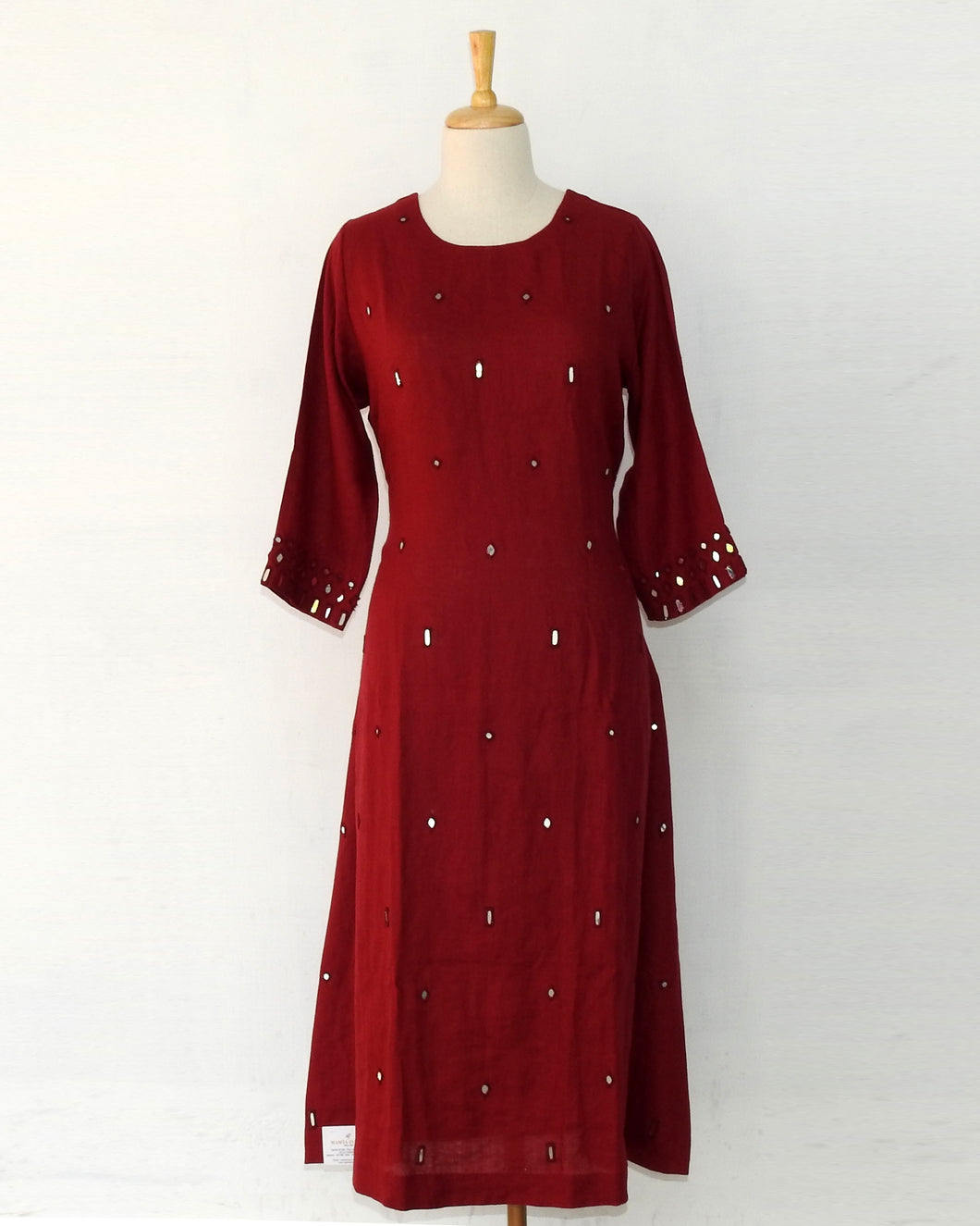 Maroon linen dress with mirror work