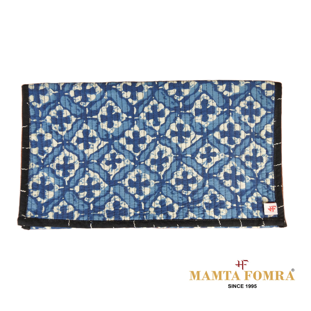 A traditional hand-printed Indigo Ajrakh block print design purse