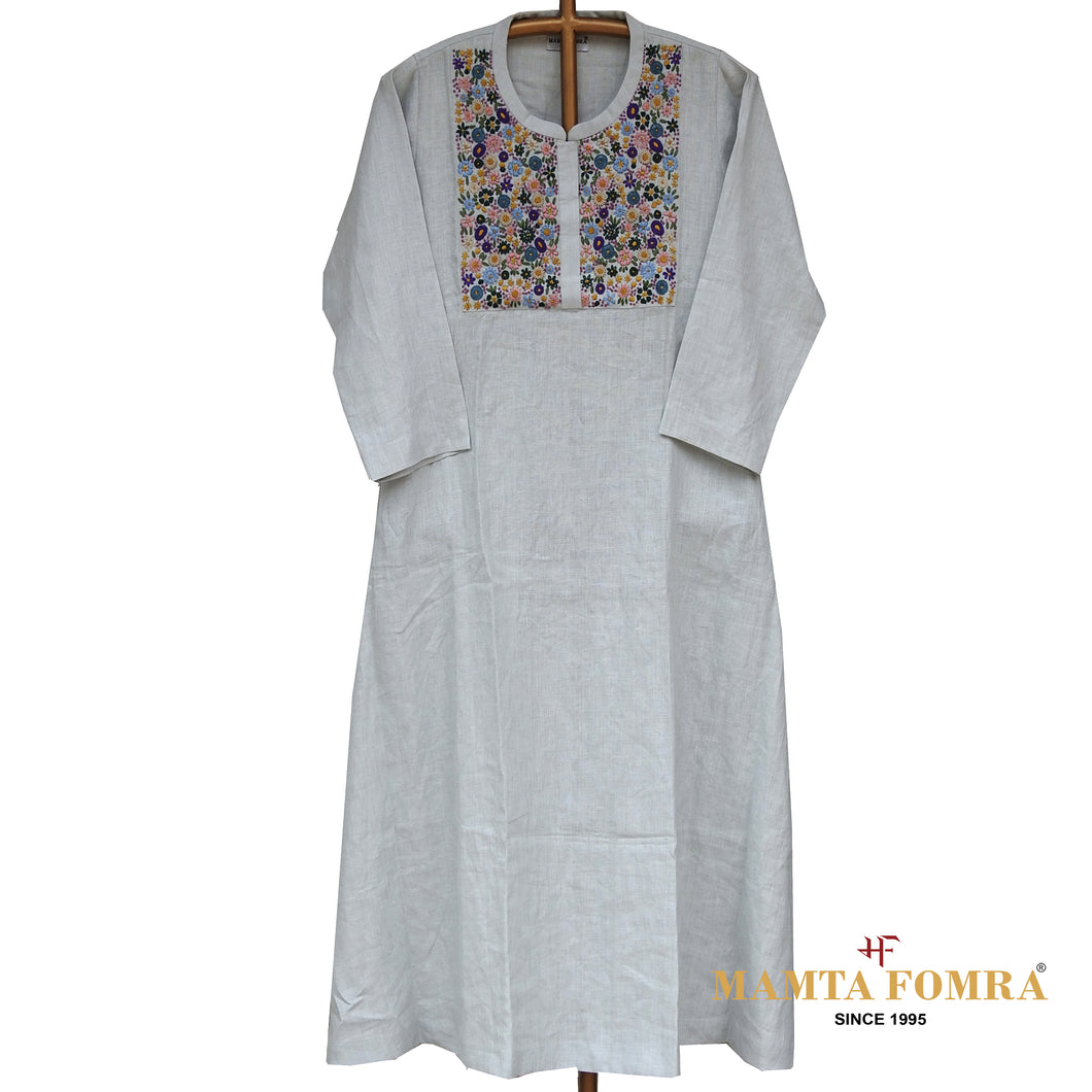 Linen Gray Hand Embroidered Kurta