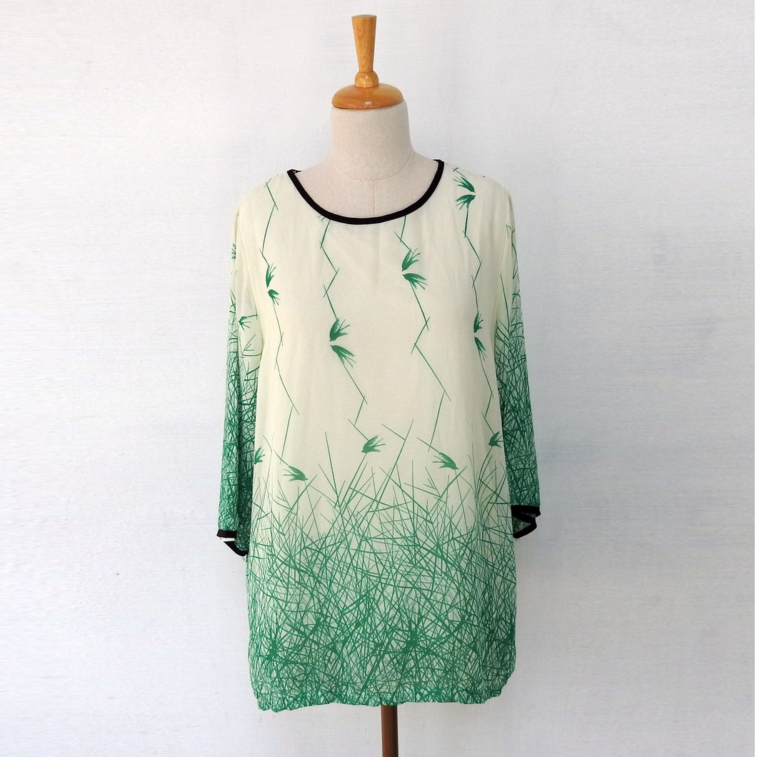 Off - White Georgette Top with Emerald Green Prints  (attached lining)