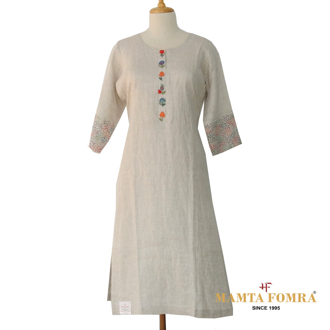 Off-White Linen Hand Embroidered Kurta