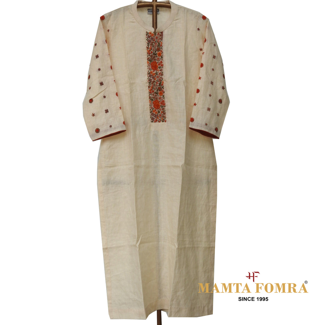 Off - White Hand Embroidered Linen Kurta