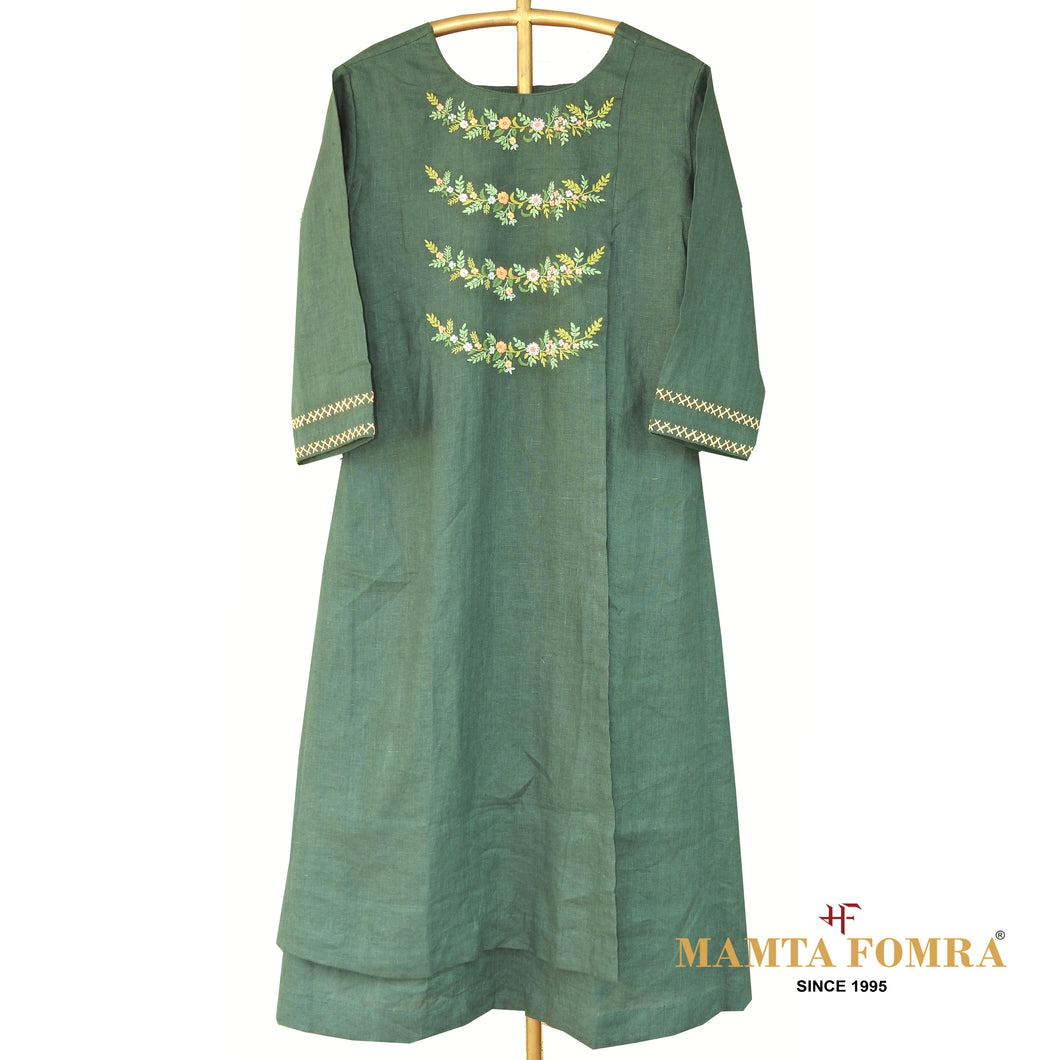 Green color pure linen embroidery kurta