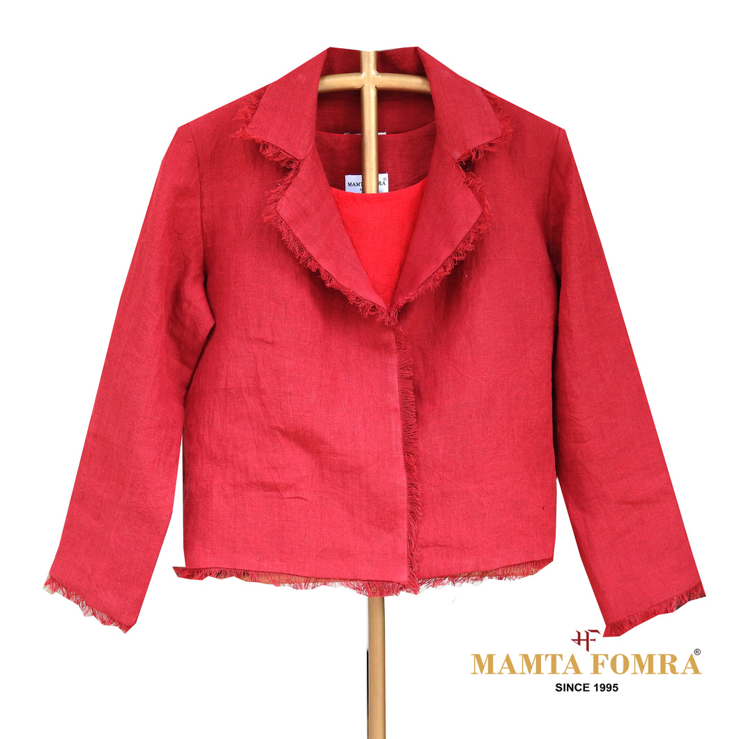 Maroon color pure linen jacket with pant