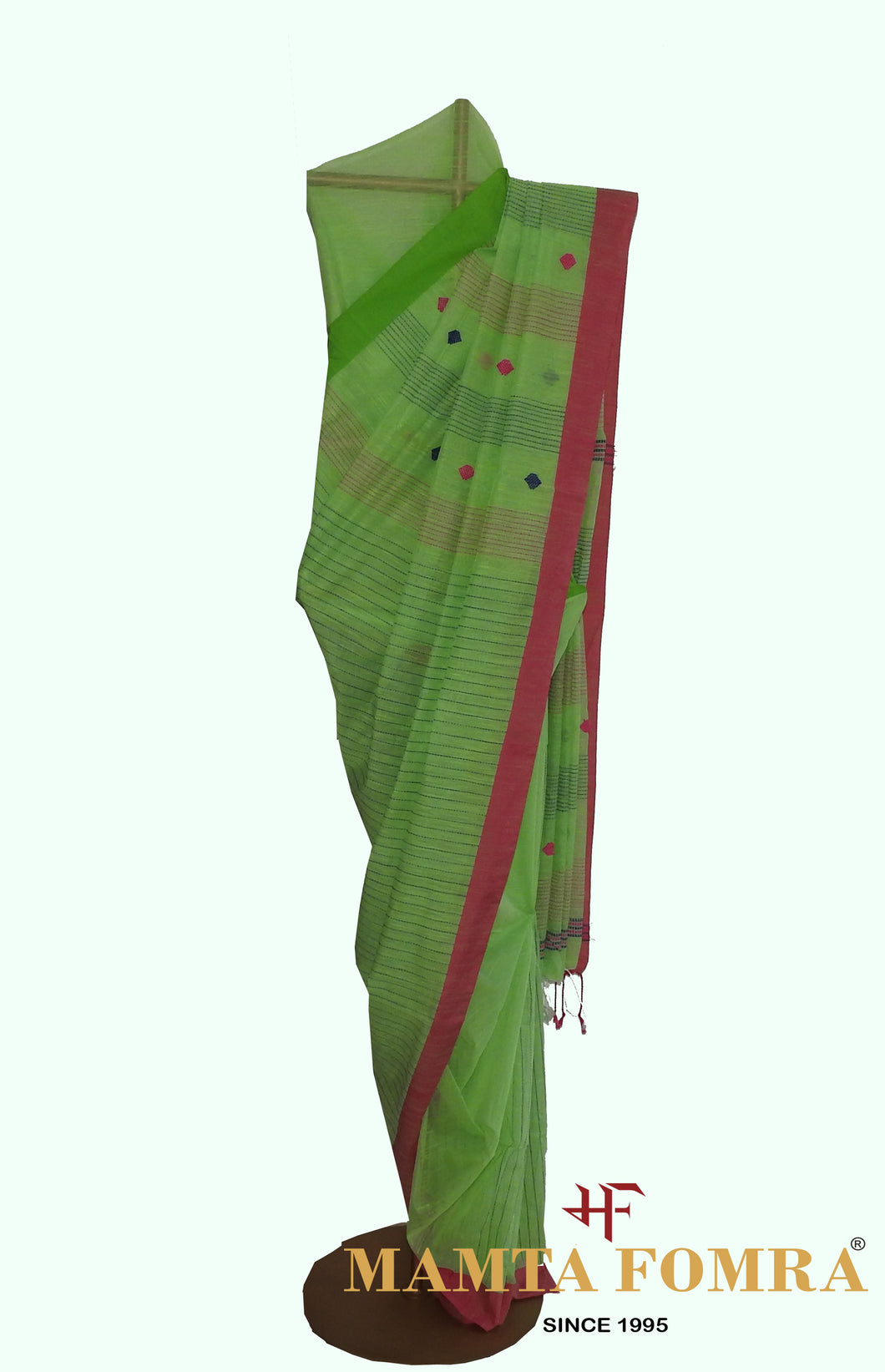 Green & Pink Cotton Saree with  Hand Embroidery
