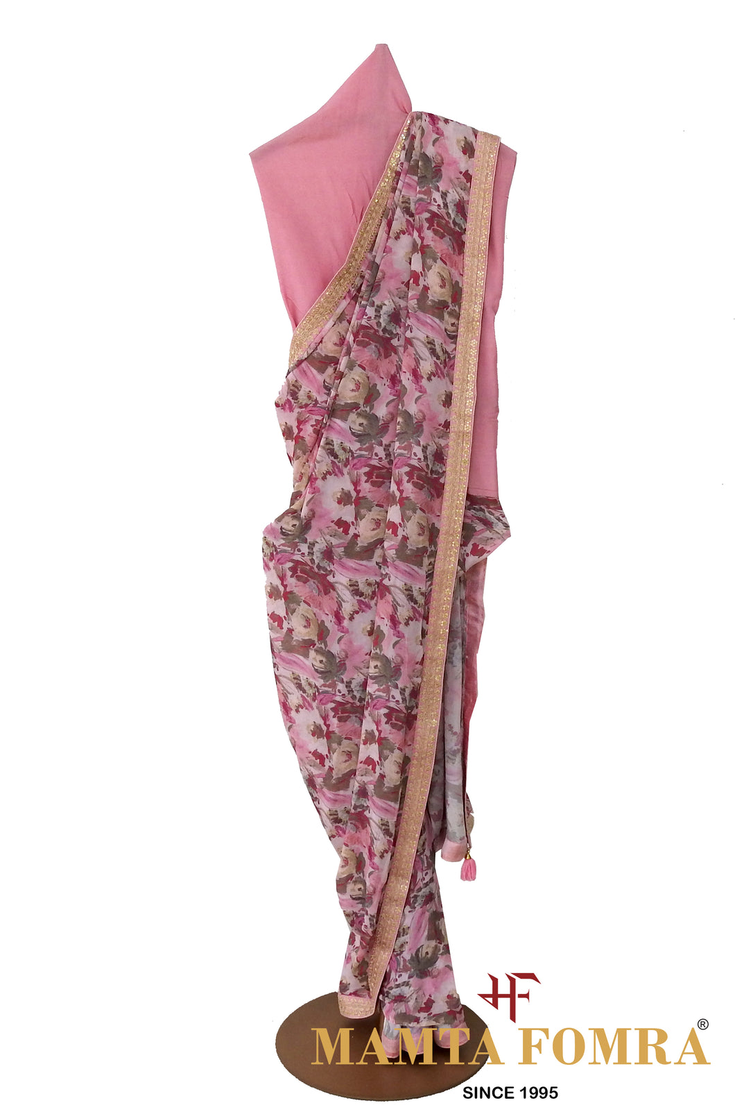 Bubblegum Pink Crepe Georgette Contemporary Print with Gold Embroidery border