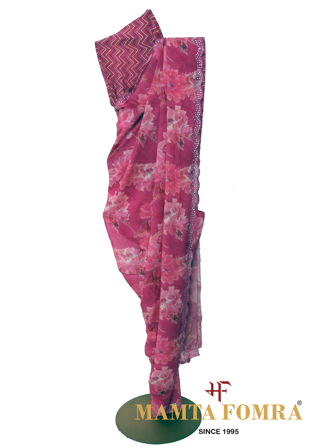 Crepe Chiffon Floral Saree with Mirror Work & Scalloped Edges