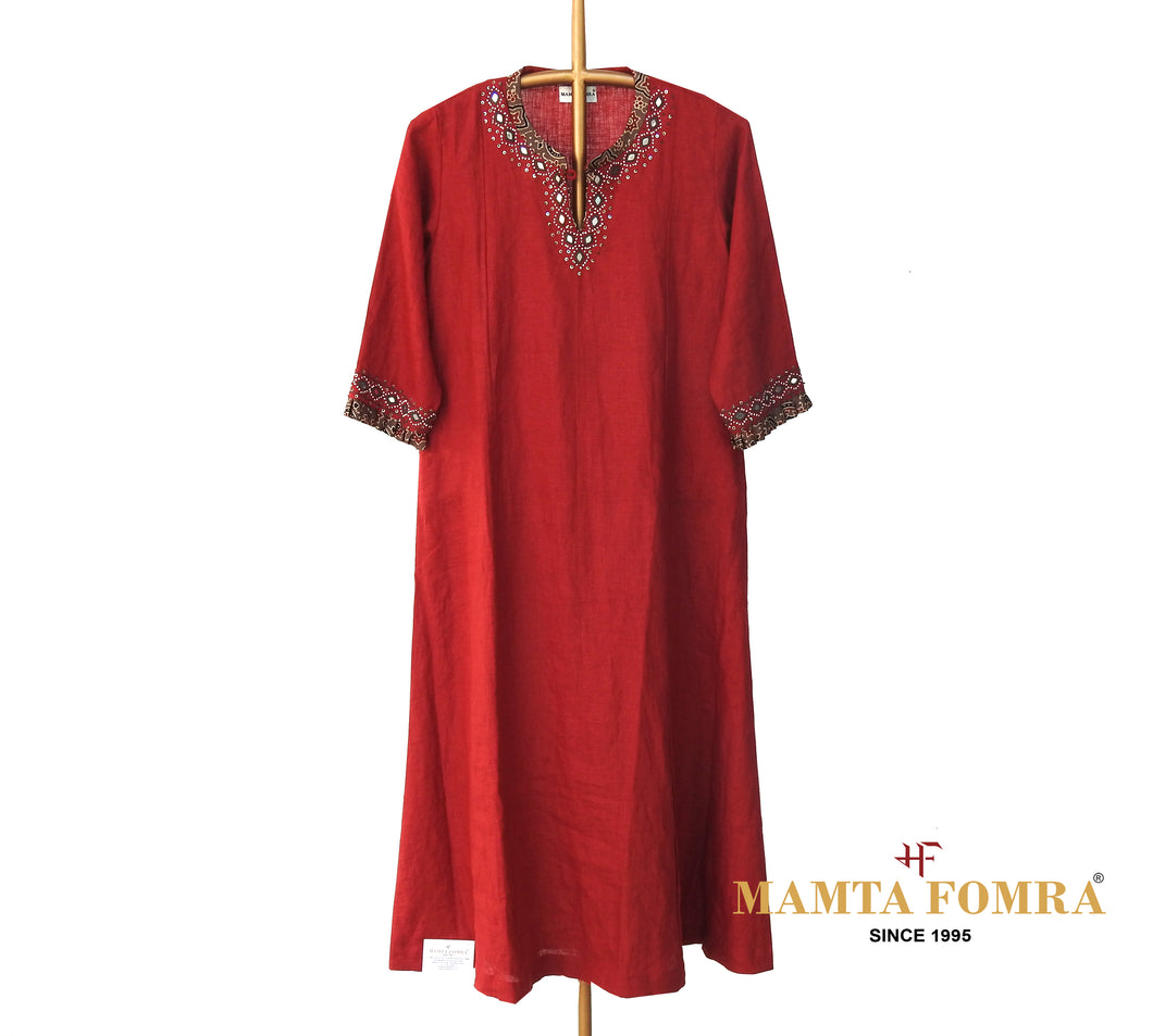 Red Color  Neck and Hand Embroidery Kurta