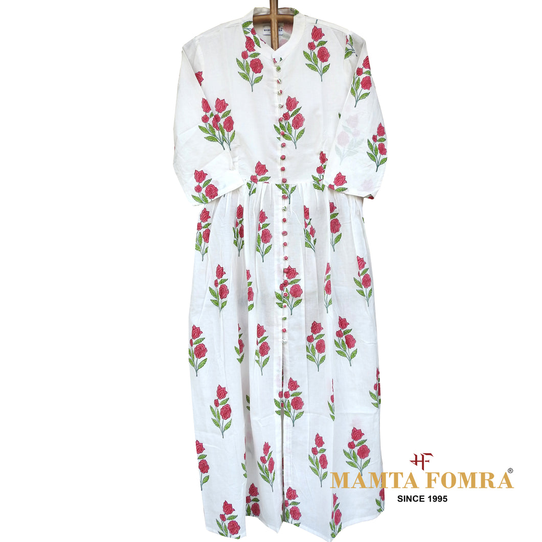 White pure cotton, block printed dress