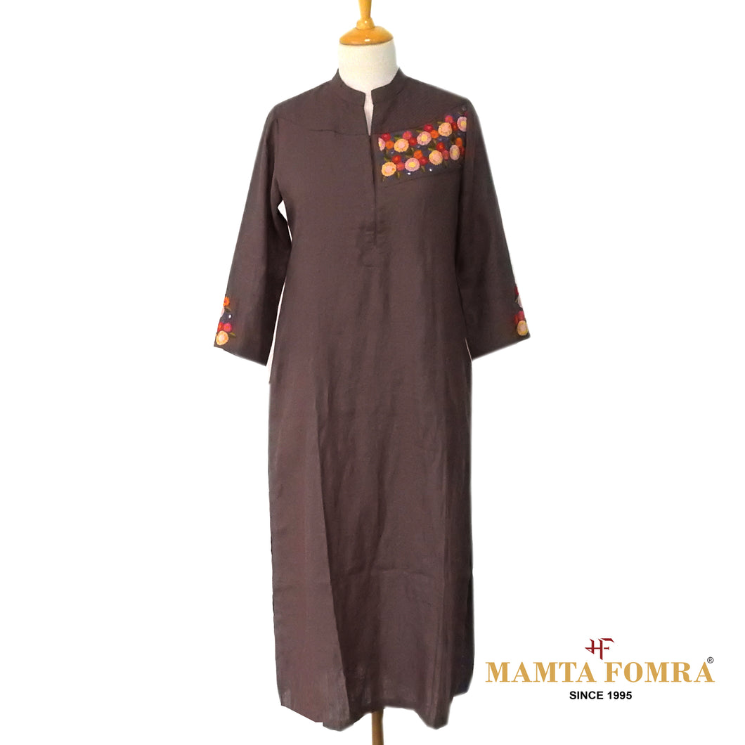 Brown Linen Hand Embroidered Kurta