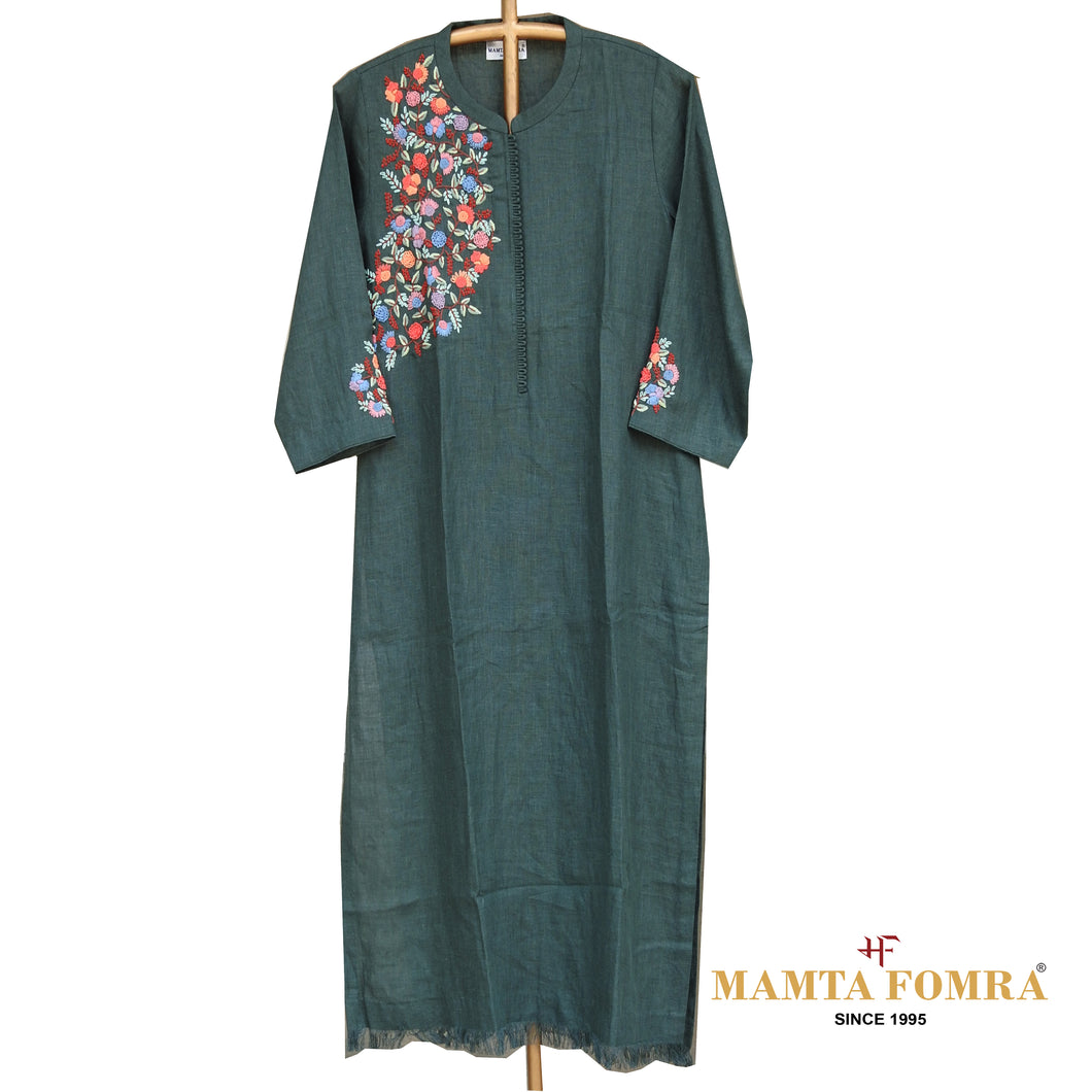 Green Linen Hand Embroidered Kurta