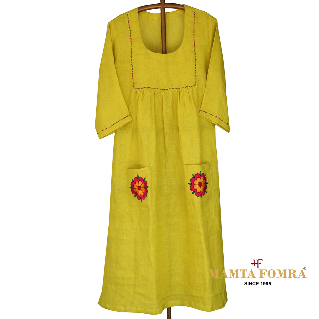 Yellow Linen Hand Embroidered Kurta with Double side Packet