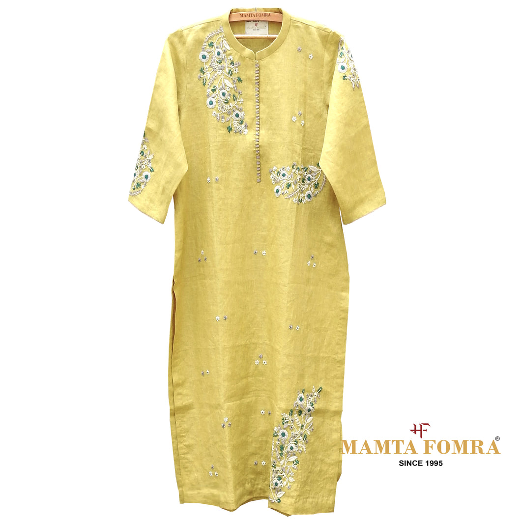 Yellow Linen Hand Embroidered Kurta