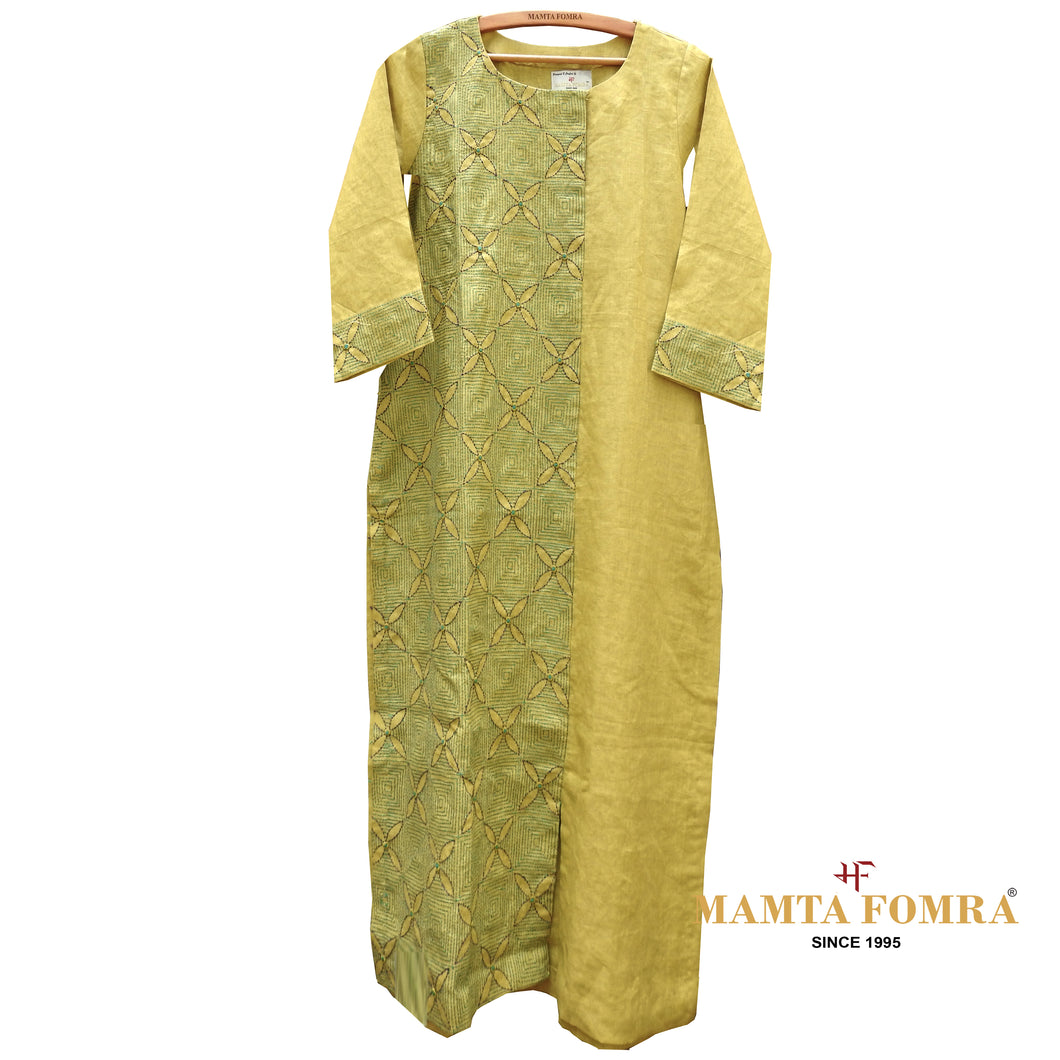 Yellow Linen Hand Embroidered Kurta