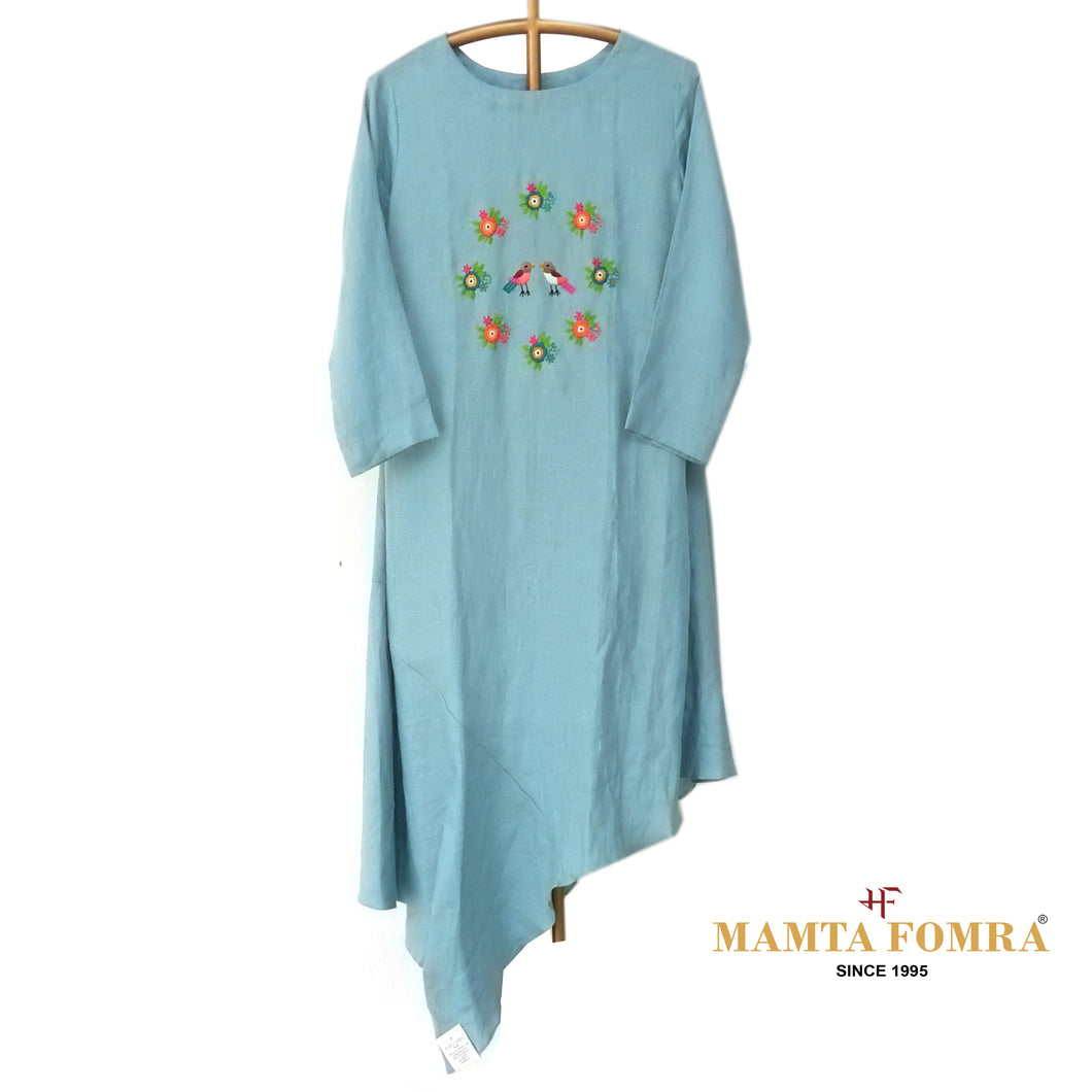 Blue Linen Hand Embroidered Kurta