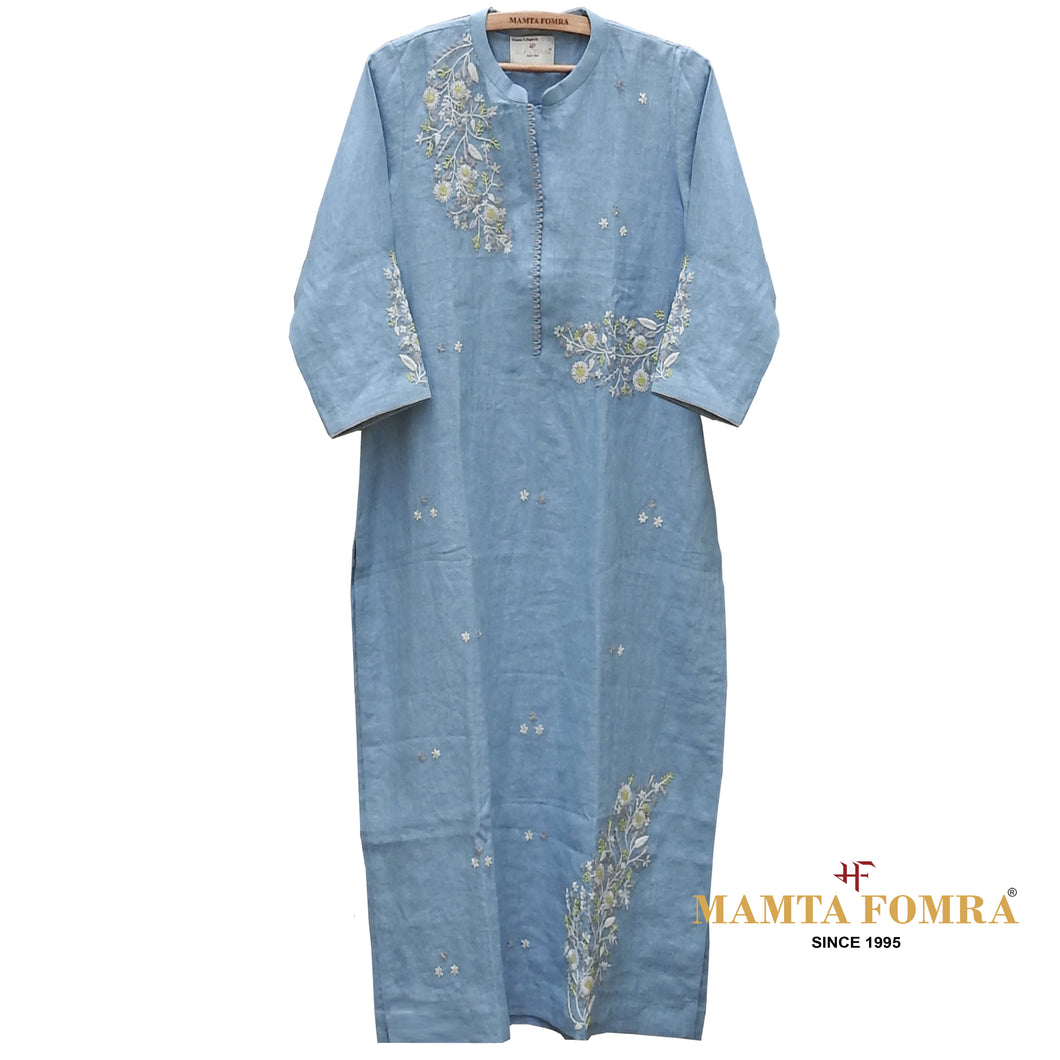 Blue Linen Hand Embroidered Kurta