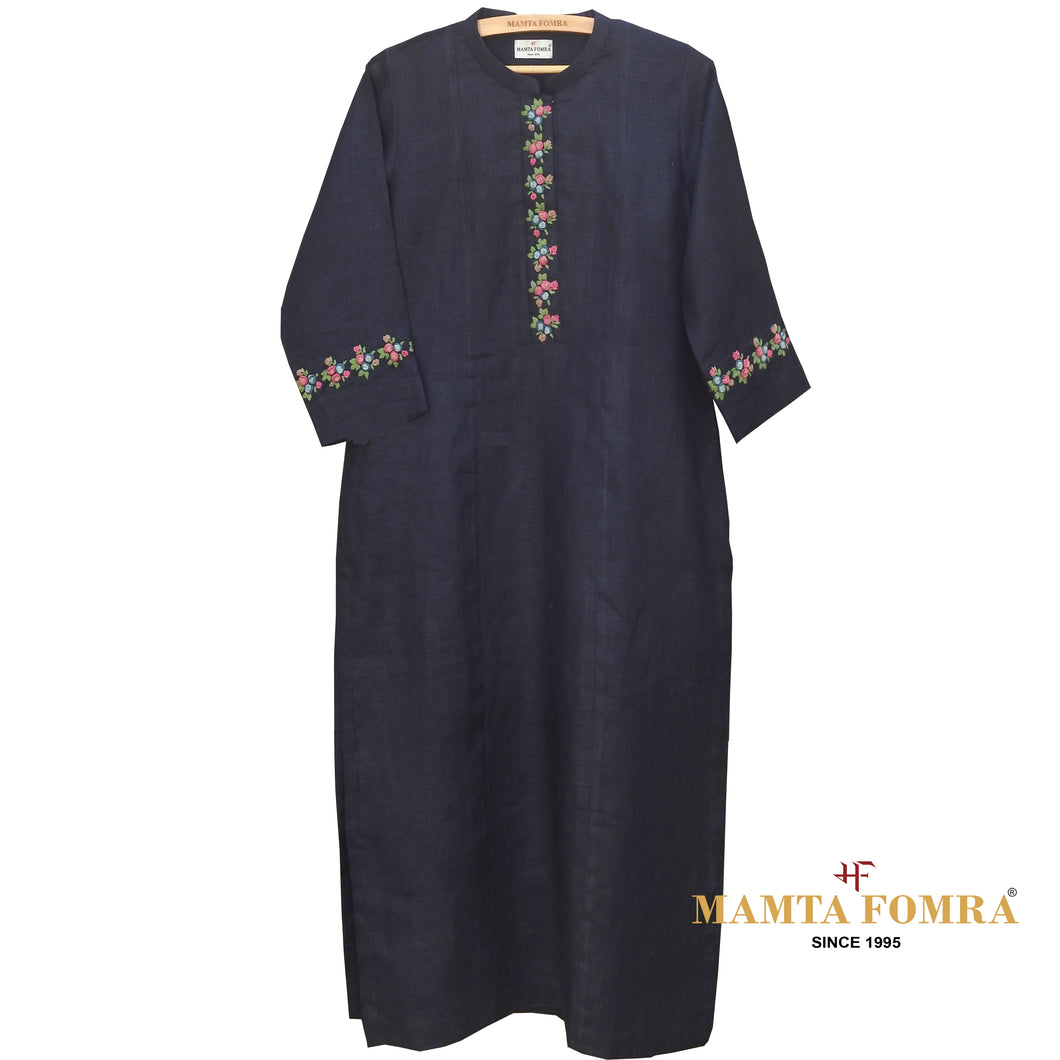 Blue Linen Hand Embroidered Kurta