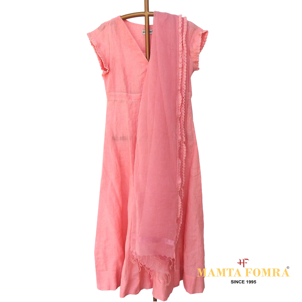 Pink LInen Hand Embroidered Kurta