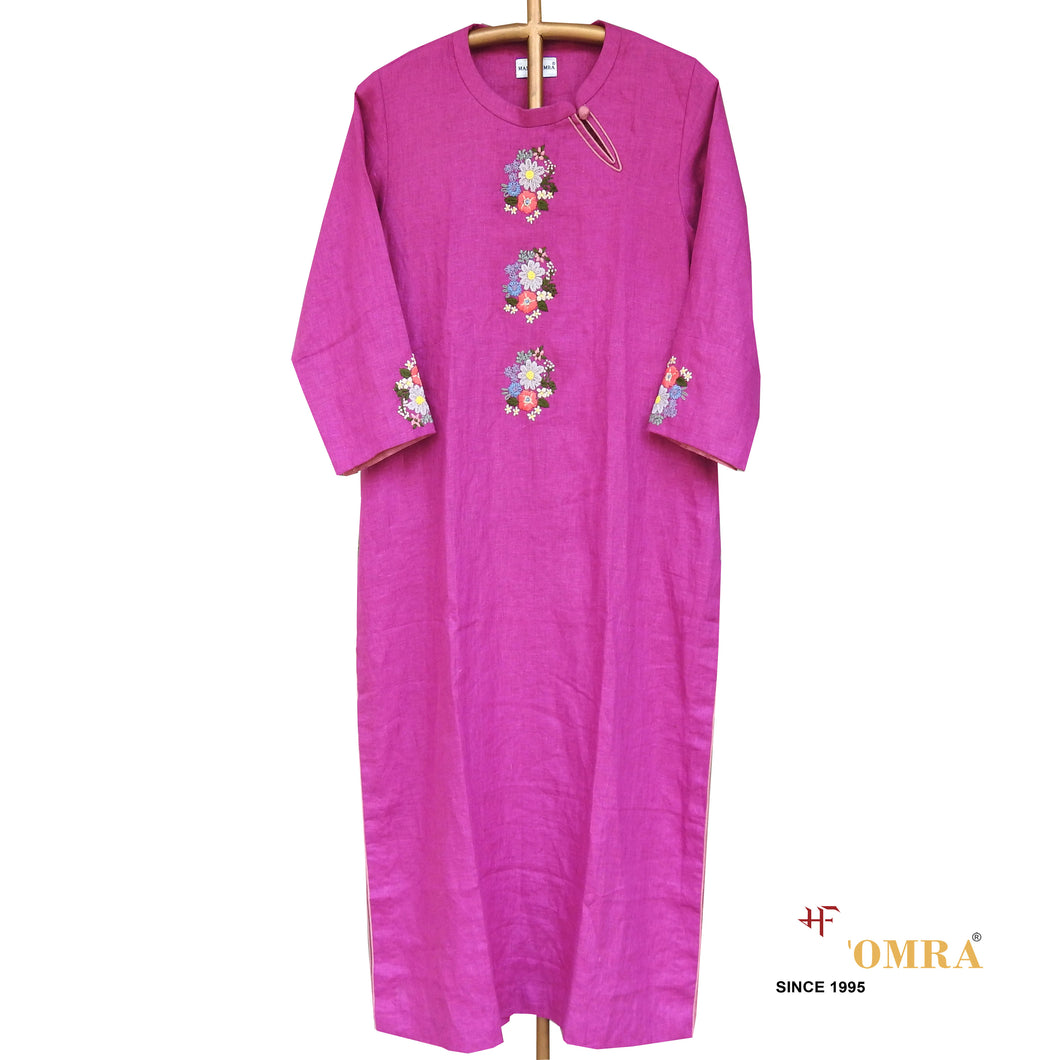 Pink Linen Hand Embroidered Kurta