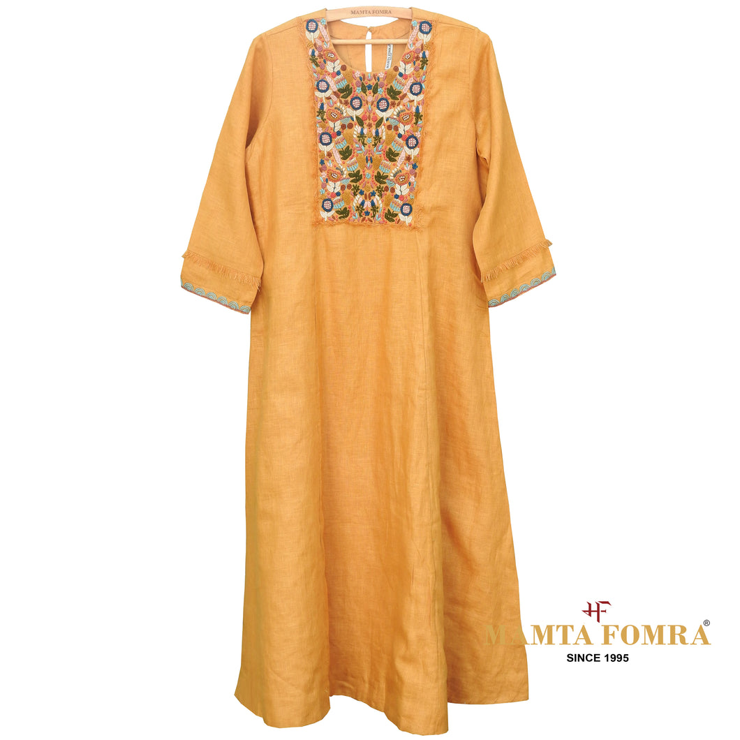 Red Linen Hand Embroidered Kurta