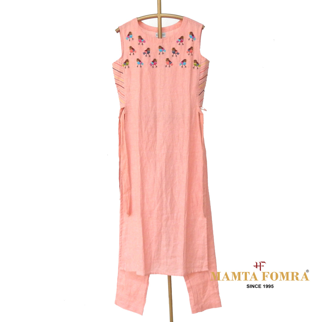 Pink Linen Hand Embroidered Kurta