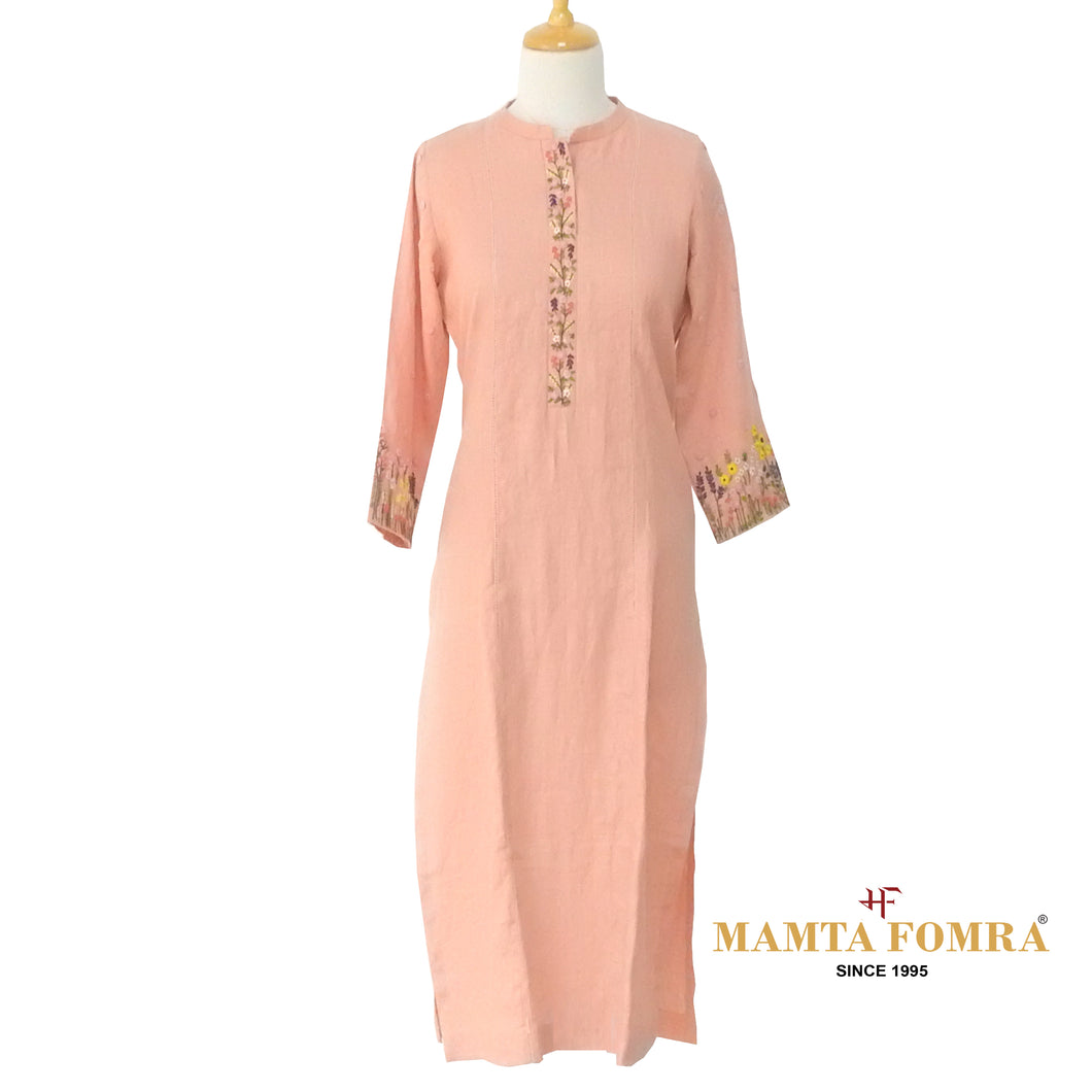 Pink Linen Hand Embroidered Kurta