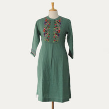 Load image into Gallery viewer, Sea - Foam Green Linen Kurta  with Multicoloured Embroidery.
