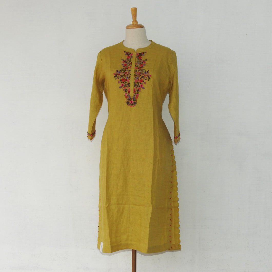 Fenugreek Yellow Linen Kurta with Floral Embroidery.