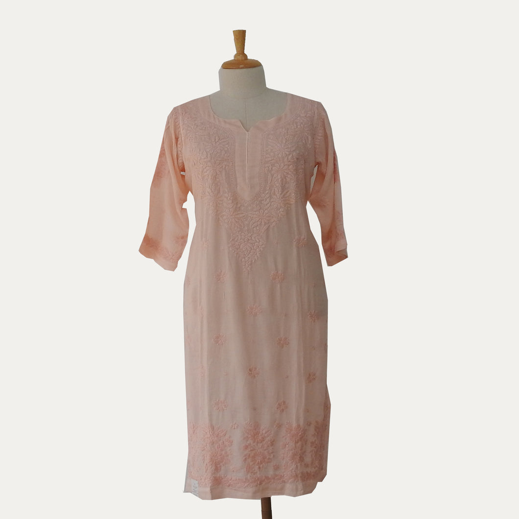Long yoke peach chicken work muslin kurta