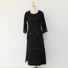 Load image into Gallery viewer, Jet black linen dress with mirror work
