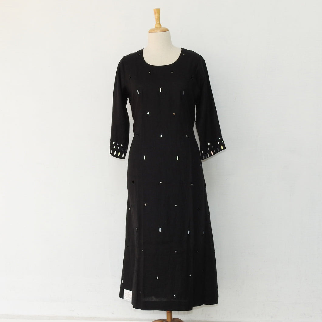 Jet black linen dress with mirror work