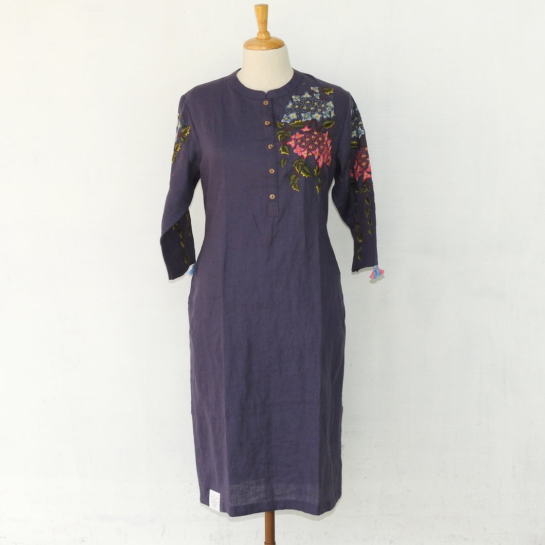 Berry blue straight cut kurta with detailed shoulder embroidery