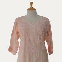 Load image into Gallery viewer, Long yoke peach chicken work muslin kurta
