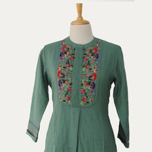 Load image into Gallery viewer, Sea - Foam Green Linen Kurta  with Multicoloured Embroidery.
