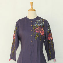 Load image into Gallery viewer, Berry blue straight cut kurta with detailed shoulder embroidery
