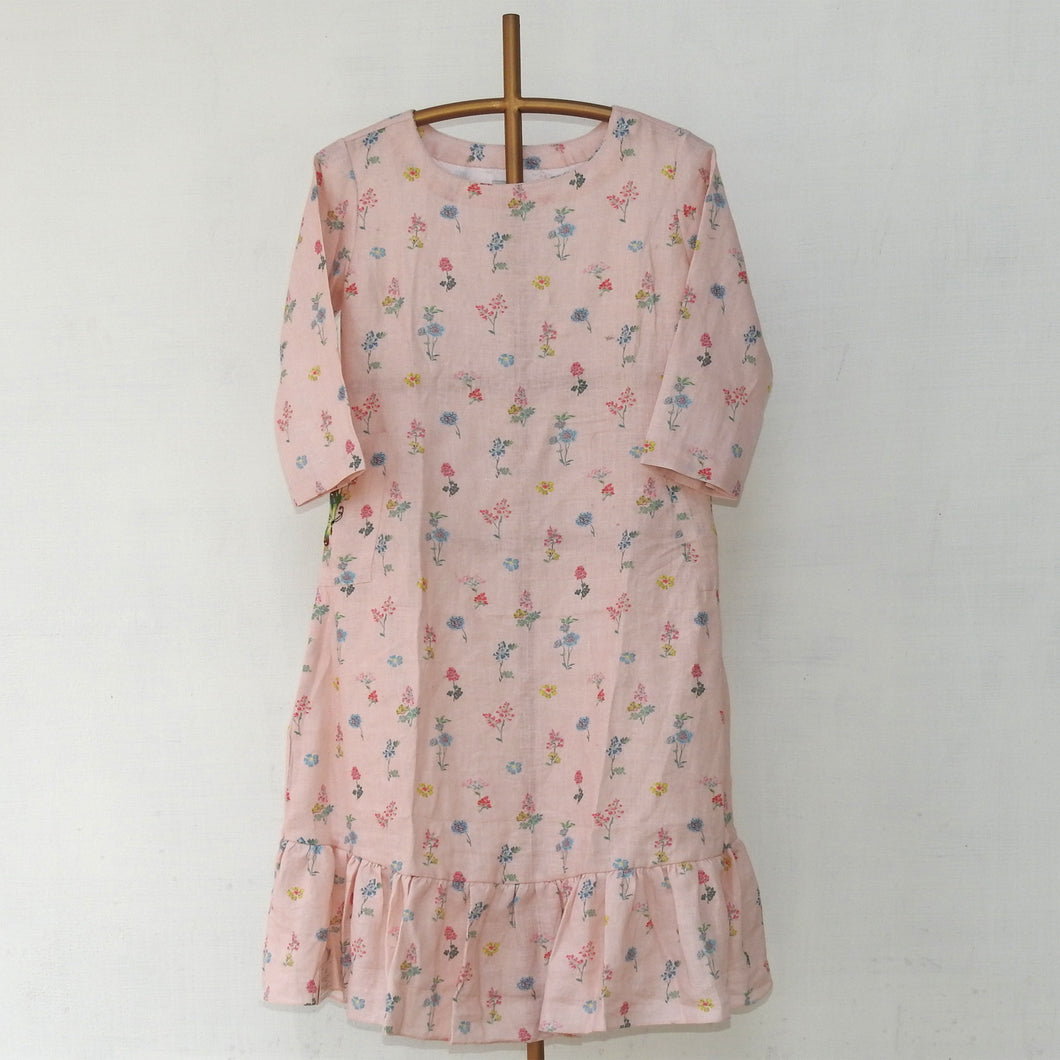 Pearl Pink Printed  Linen dress with Pocket