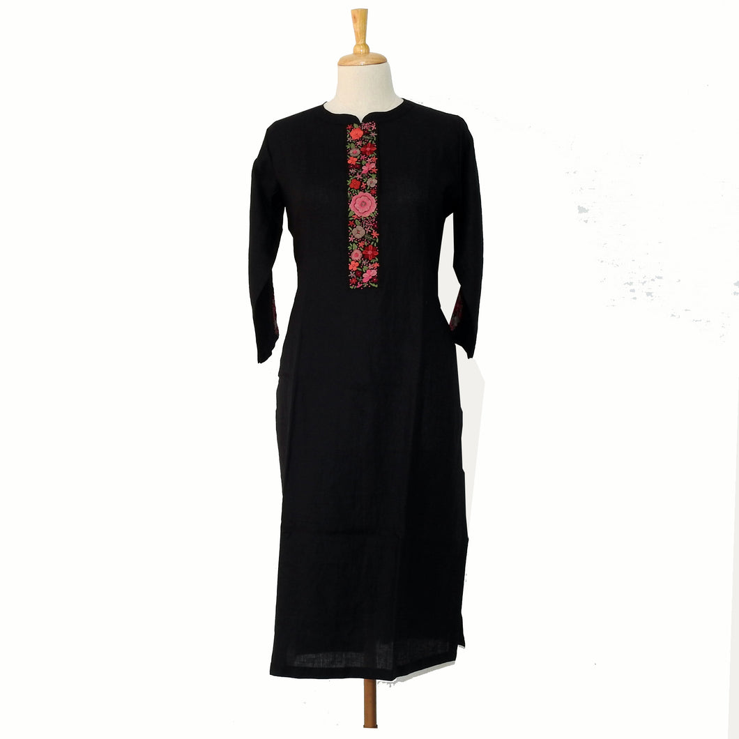 Jet black linen kurta with button panel embroidery.