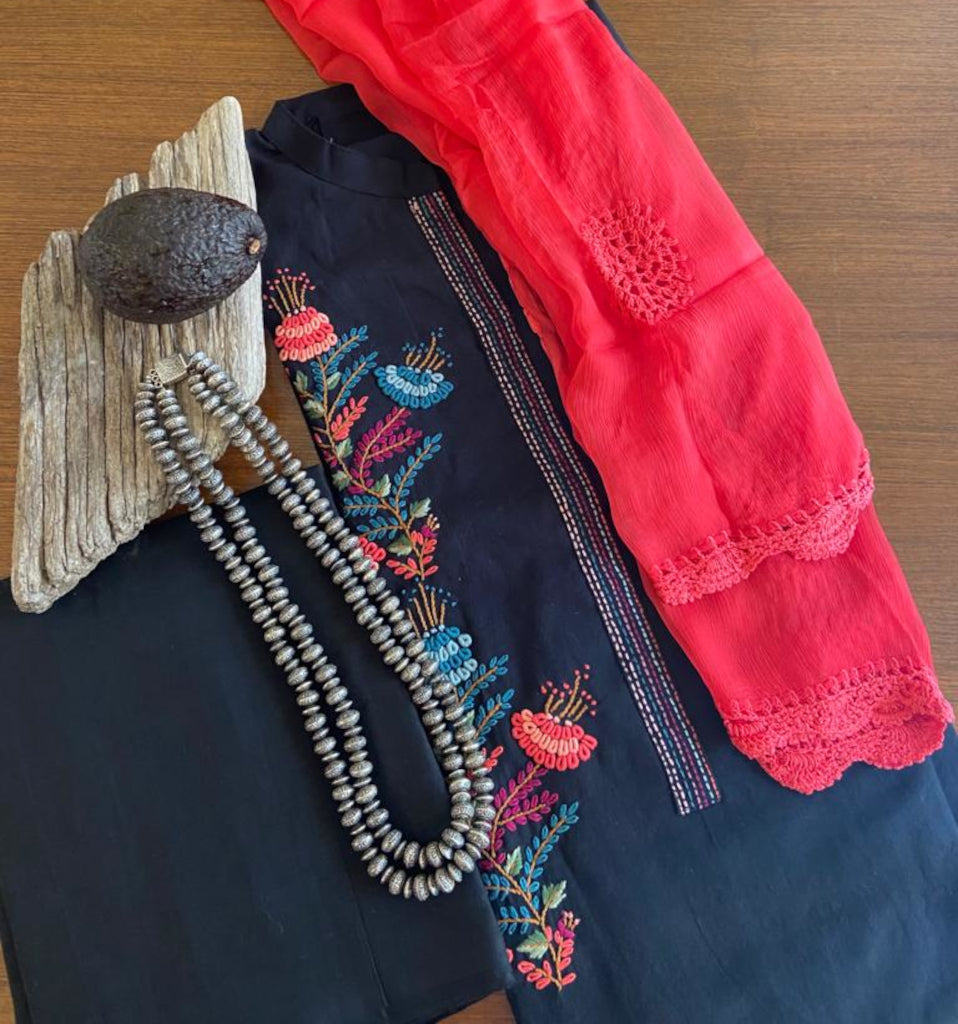Black Khadi Cotton Embroidery Dress Material