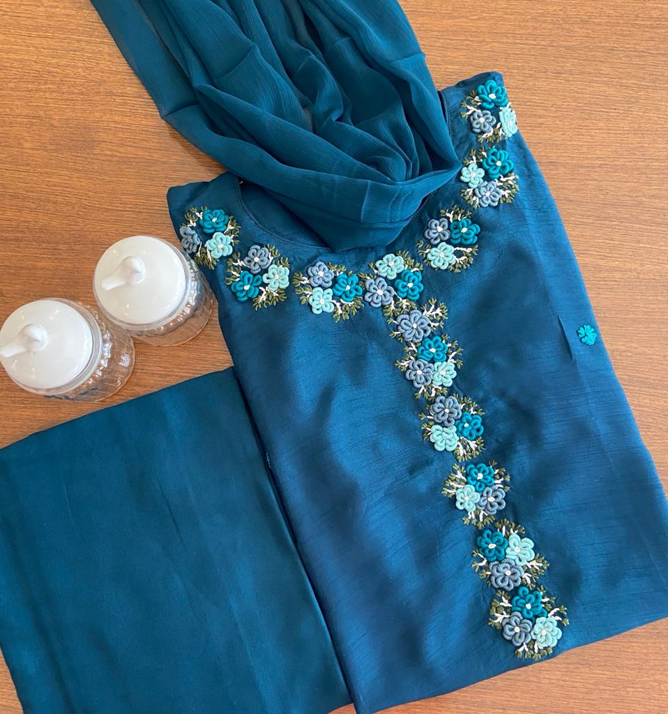Cerulean Blue Silk Embroidery Dress Material