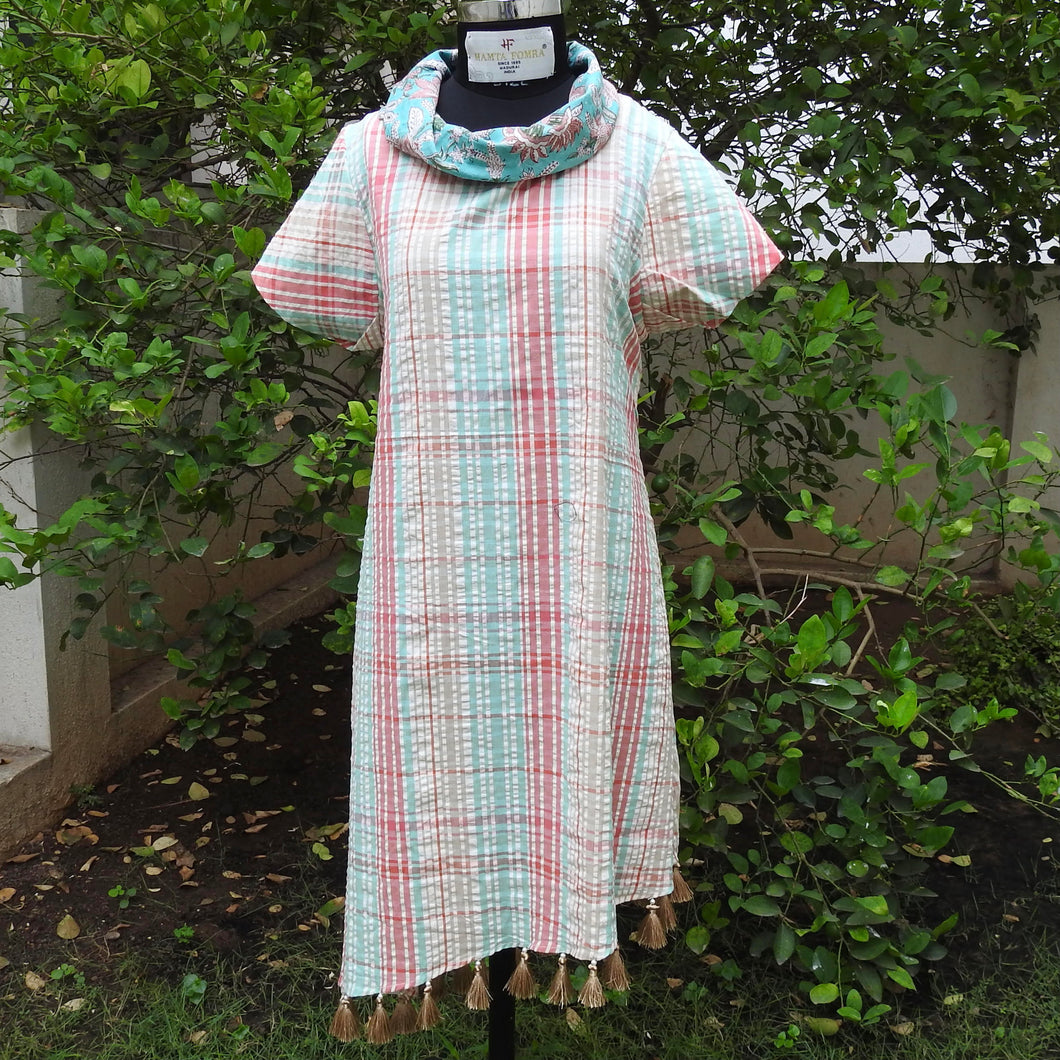 Cowl Neck Seersucker Multicolour Dress (Price on Request)