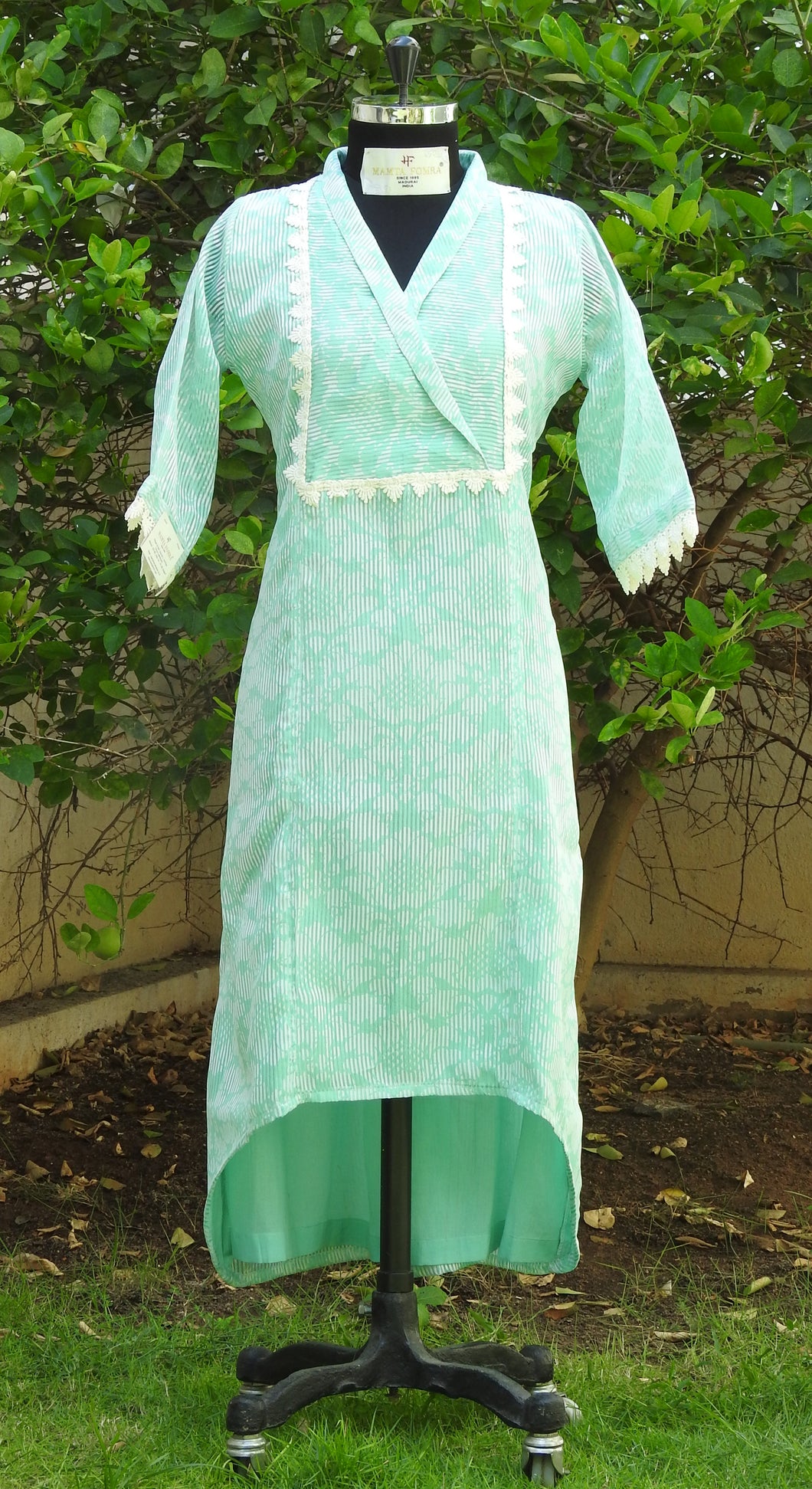 Green & White Stripes Kurta with Lace