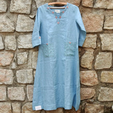 Load image into Gallery viewer, Baby Blue Dress with Delicate Neck Embroidery &amp; Pockets.
